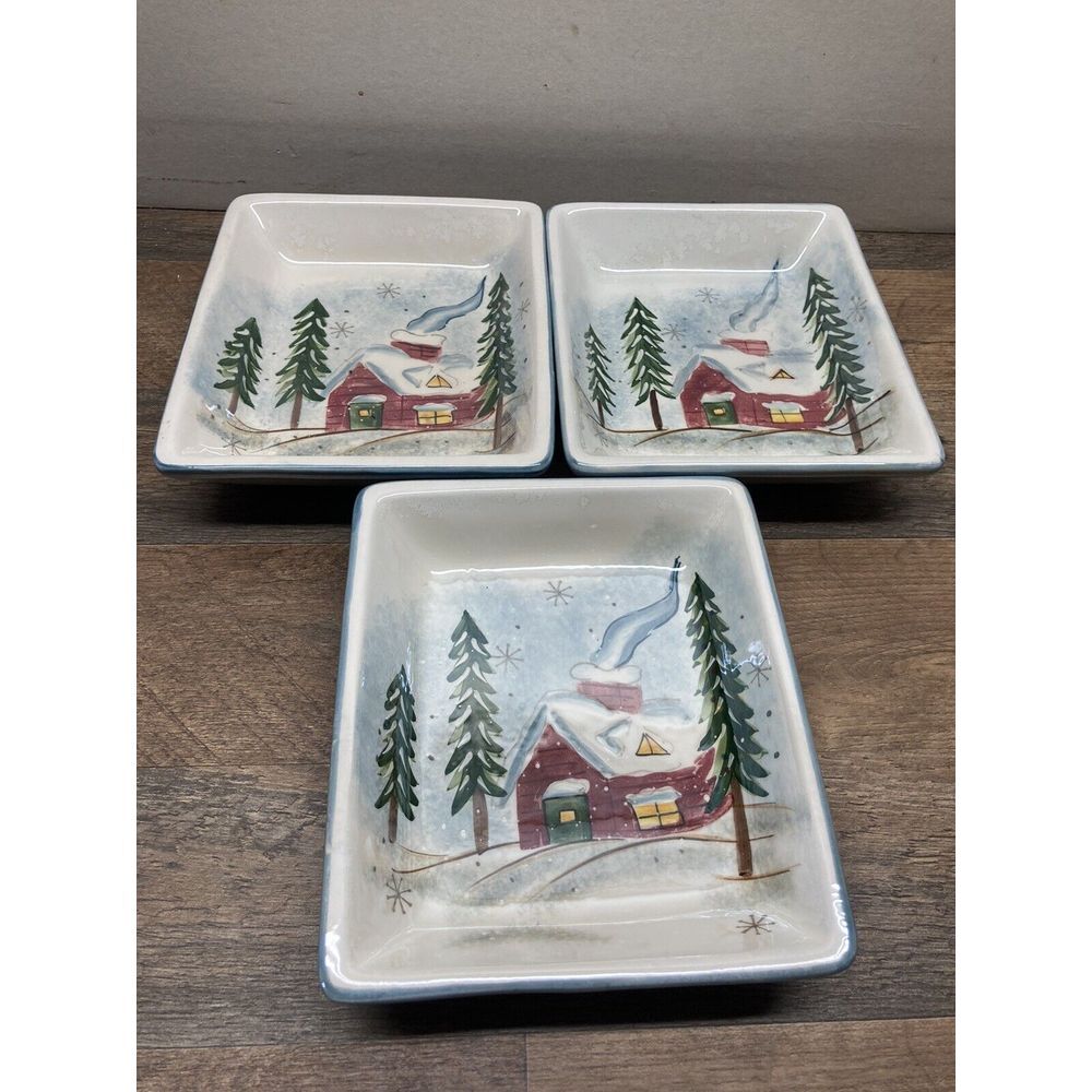 Set Of 3 Vintage Christmas‎ Royal Seasons Stoneware Winter Cottage Candy Dish